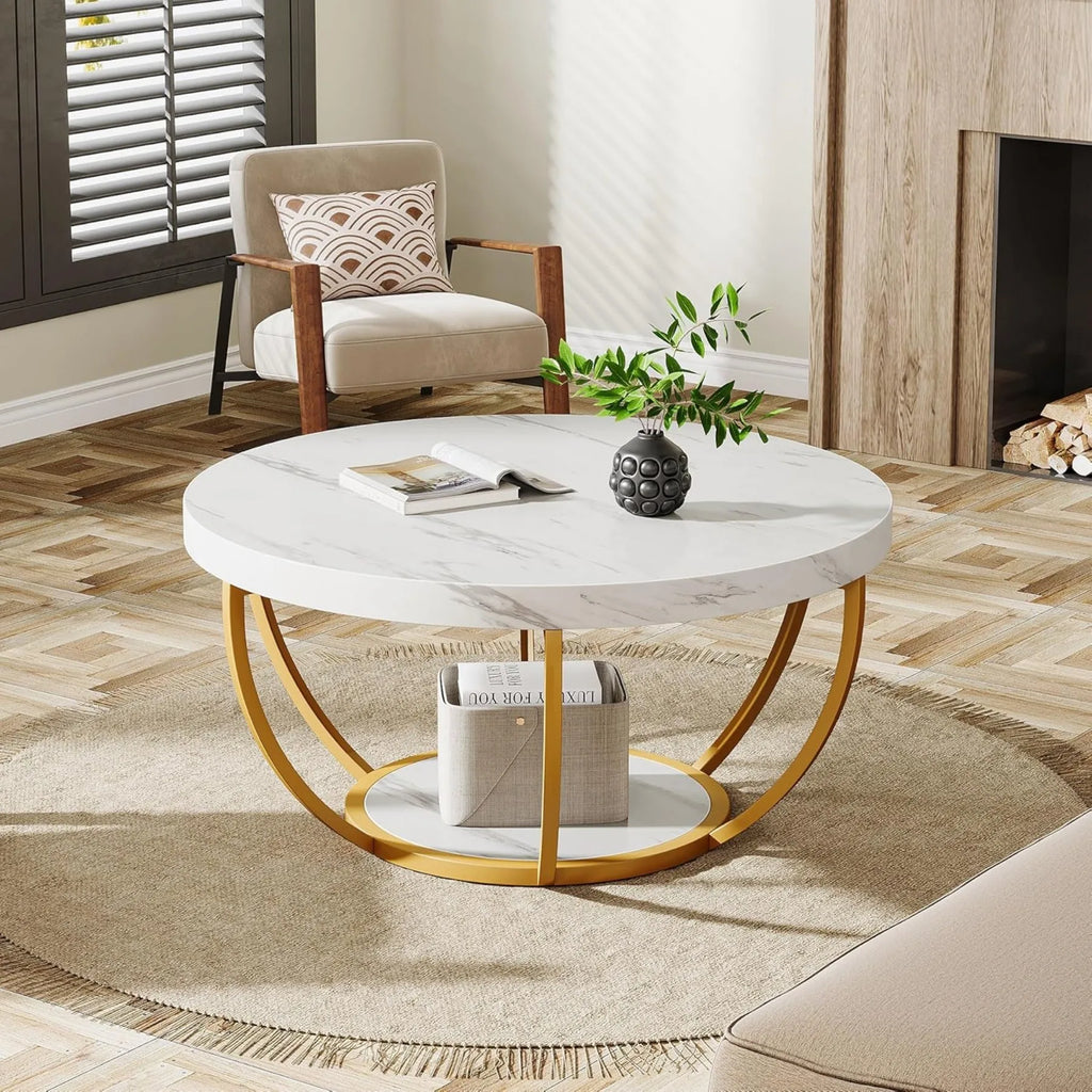 2 Tier Coffee Table with Faux White Marble and Golden Metal Legs, Circle Center Table Tea Table Accent Furniture for Living Room