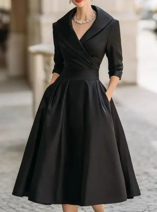 Women's Dress 2025 Elegant Temperament Waist Tied Dress Autumn Lapel Solid Color High Waist Slim Fit Long Sleeved Banquet Dress