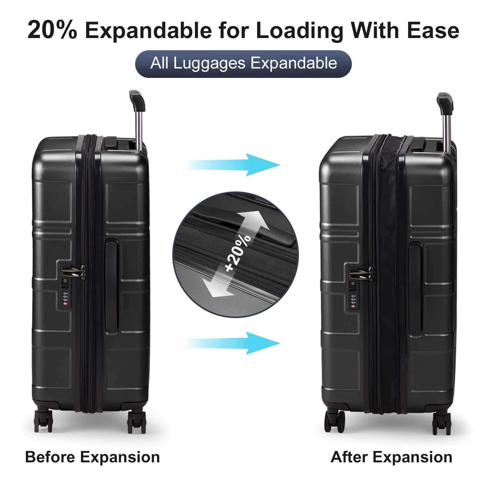 Luggage Expandable Suitcase, PC+ABS 3 Piece Set with TSA Lock Spinner, 360° Silent Spinner Wheels, Side Bumper Feet