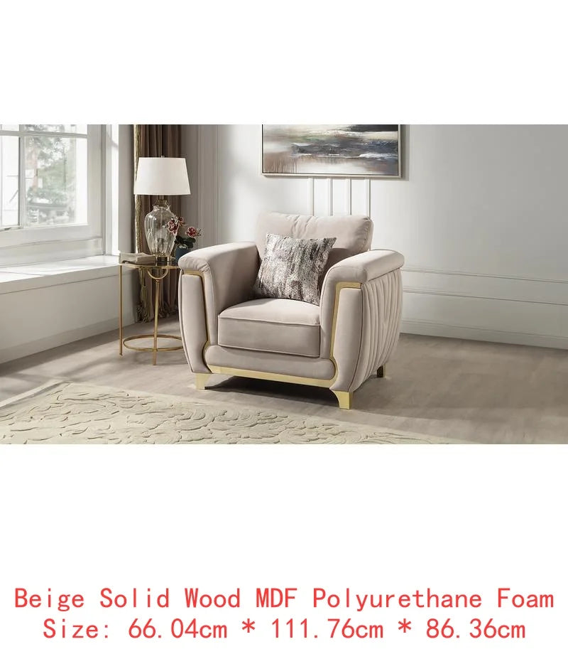 Contemporary Upholstered Chair, Wood Frame with Gold Accents, Beige Fabric