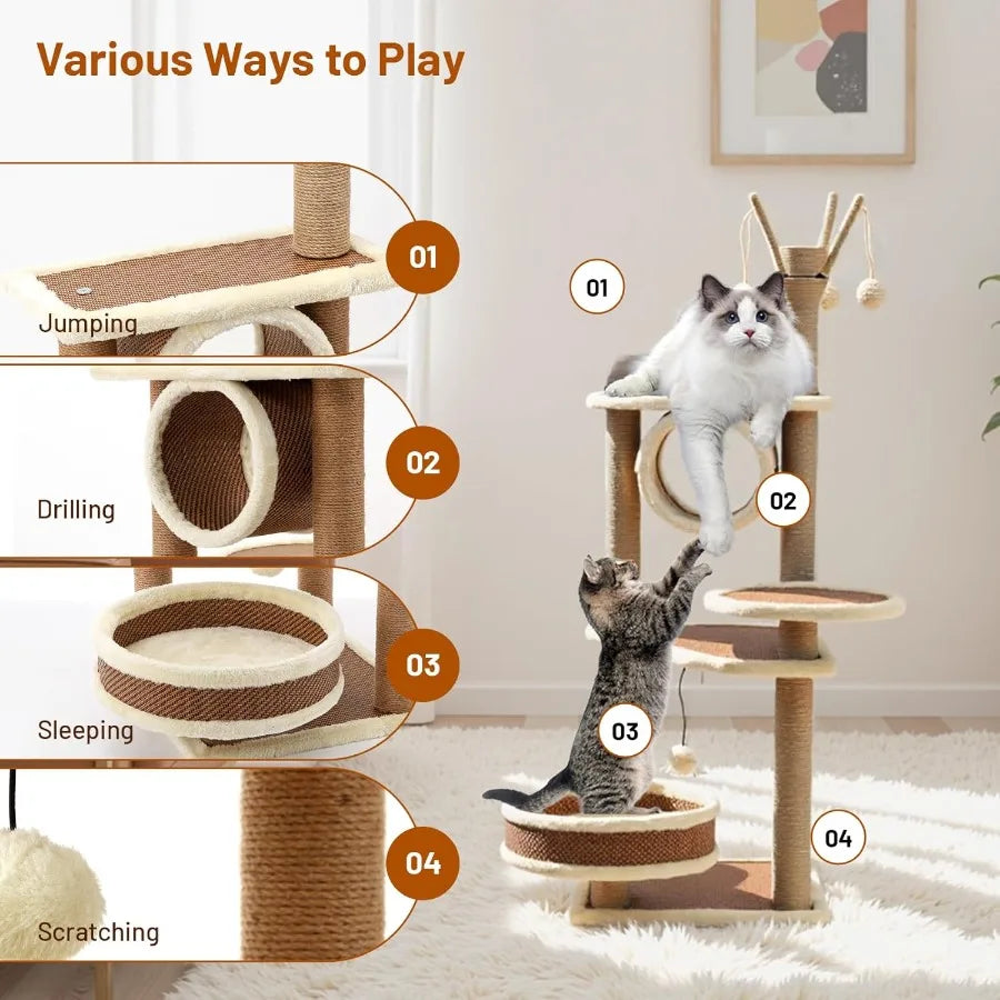 Modern Rattan Cat Tree House Condo Tall Heavy Duty Cat Climbing Tower with Scratching Post Basket Bed and Stand for Indoor Larg