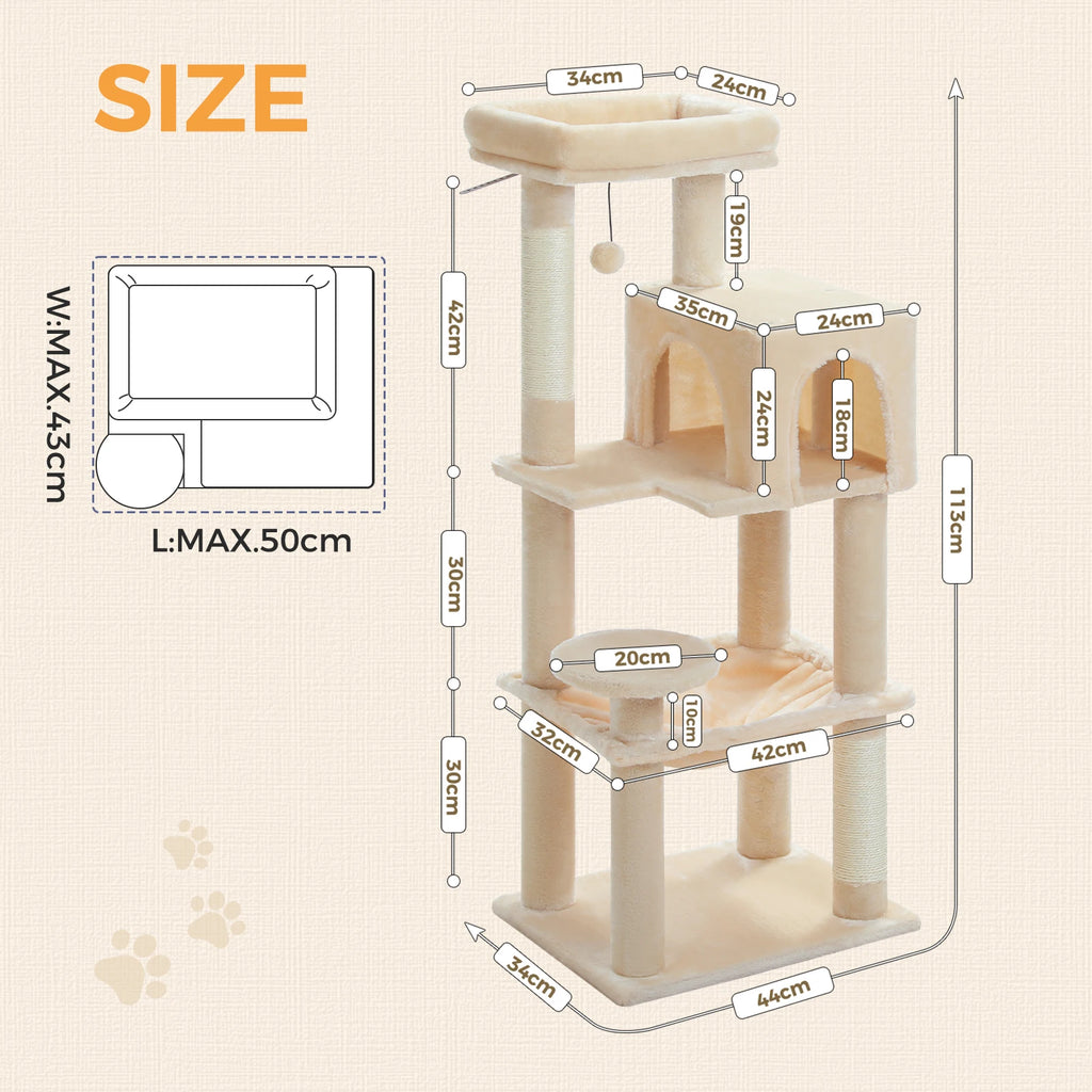 5-Level Cat Tree 113cm Cat Tower with Top Perch,Soft Condo,Natural Sisal Scratching Post,Attractive Pompom,Anti-tip kit,Hammock