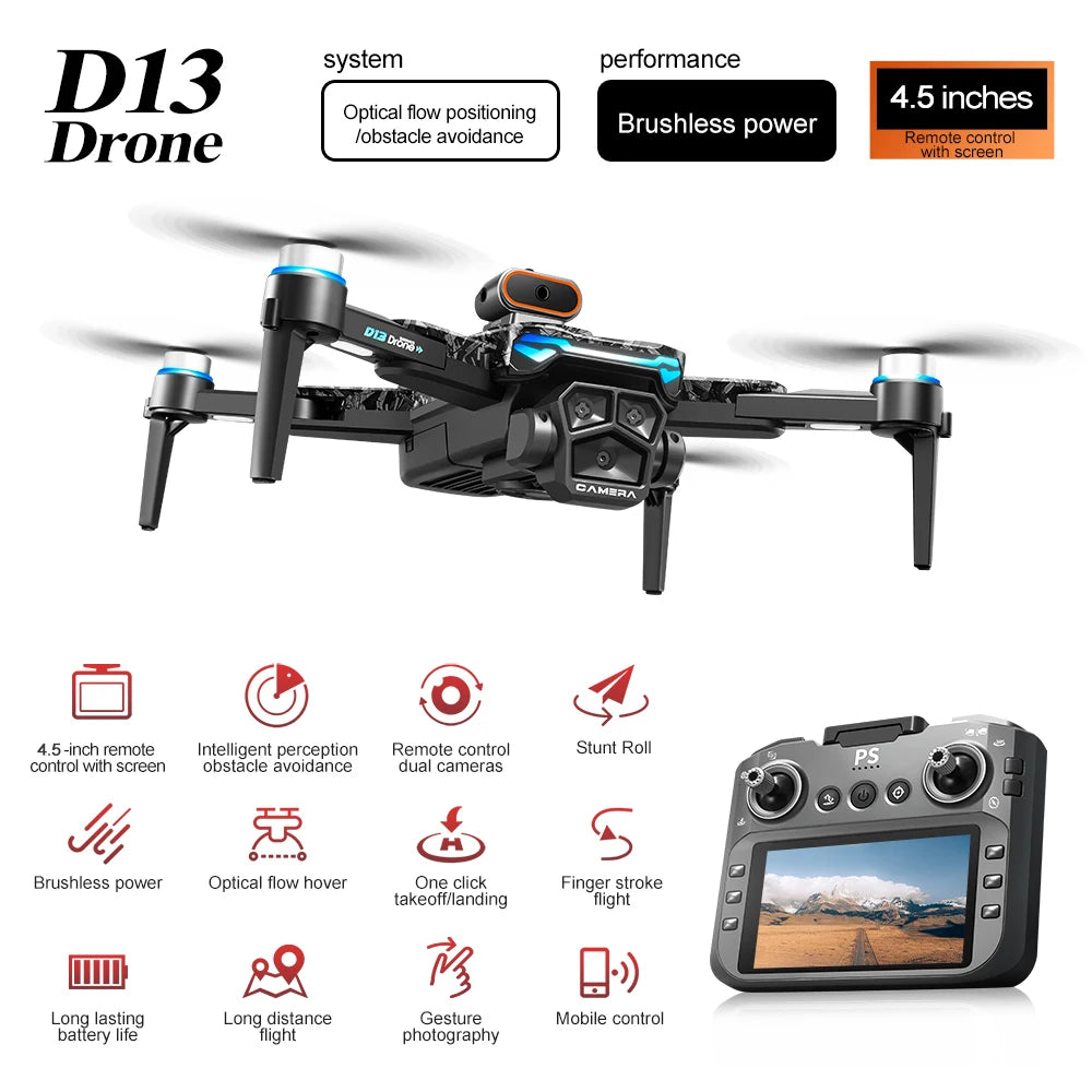 New D13 RC Drone 4K Professional HD Triple Camera 5G WIFI FPV Dron 360° Obstacle Avoidance Brushless Large Screen Quadcopter Toy