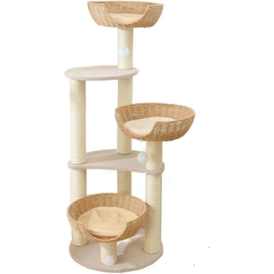 Modern Cat Tree Tower with 3 Large Rattan Wicker Basket Beds and Window Perch Ideal for Cats up to 20 lbs Perfect Indoor Relaxa