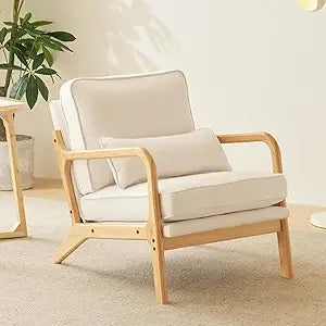 Accent Chair Mid-Century Modern Chair with Pillow Linen Fabric Upholstered Lounge Arm Chair with Solid Wood Frame & Soft Cushio