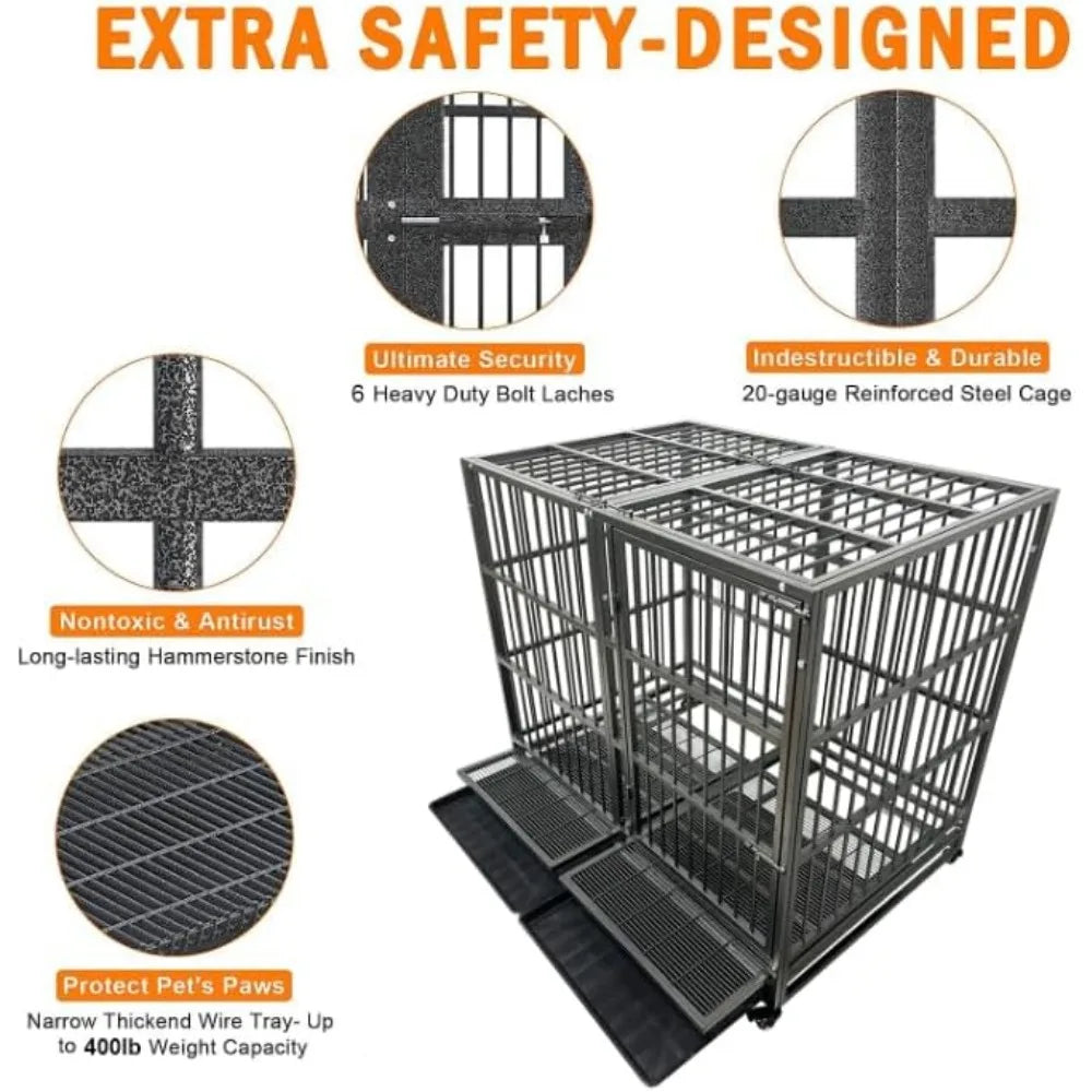 Heavy-Duty 54/48/42/38 Inch Dog Crate with Wheels, Indestructible Steel Kennel for Indoor Use, Ideal for High Anxiety Dogs