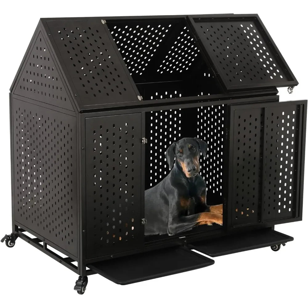 44'' indestructible heavy duty roof dog crate - steel construction with lockable double door - indoor kennel for large dogs with