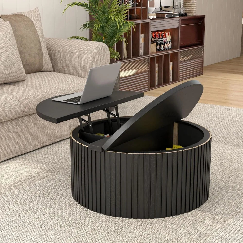 Contemporary 31.6 Inch Round Lift Top Coffee Table with Concealed Storage for Living Room, Circular Wooden Fluted Centerpiece