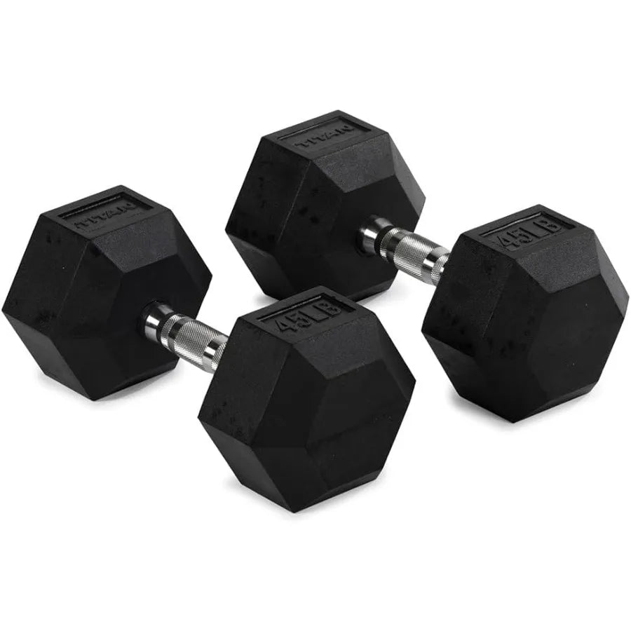 Pair Free Weights, Black Rubber Coated Hex Dumbbell, Ergonomic Cast Iron Handle, Strength Training
