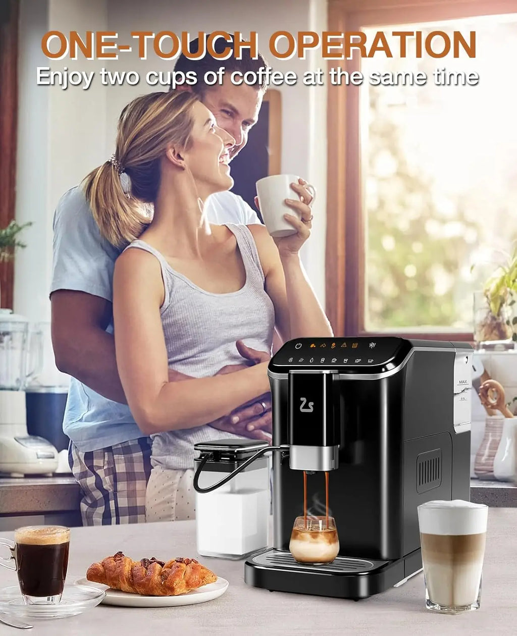 Fully Automatic Espresso Machine with Milk Frother Steam Wand Built-in Grinder Touch Screen Coffee Maker 7 Coffee Varieties