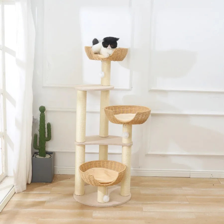 Modern Cat Tree Tower with 3 Large Rattan Wicker Basket Beds and Window Perch Ideal for Cats up to 20 lbs Perfect Indoor Relaxa