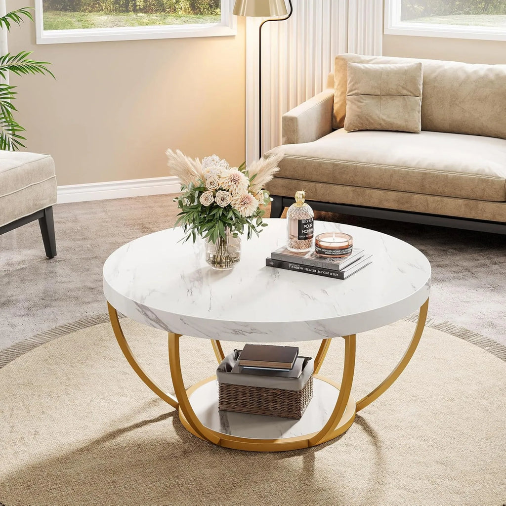 2 Tier Coffee Table with Faux White Marble and Golden Metal Legs, Circle Center Table Tea Table Accent Furniture for Living Room