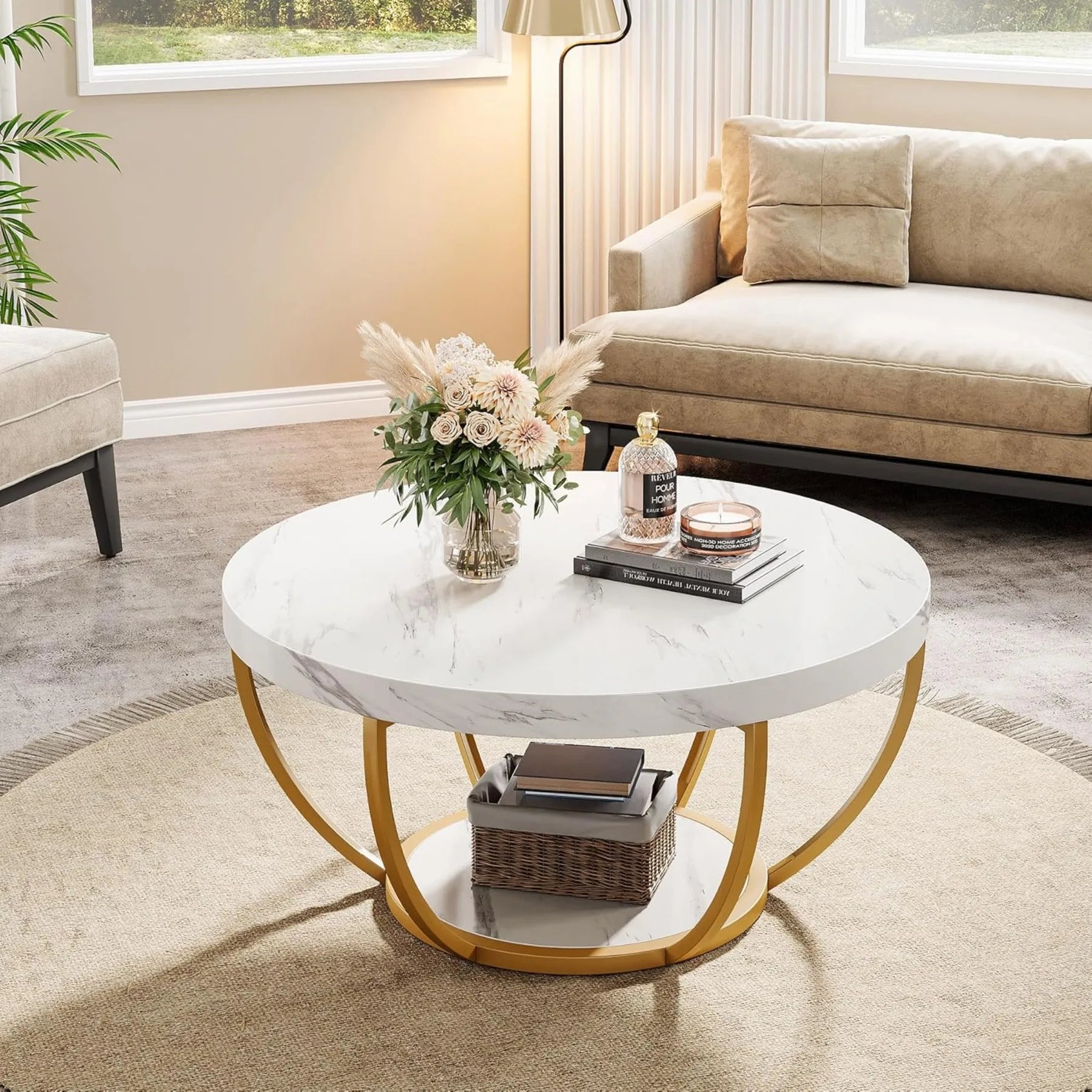 2 Tier Coffee Table with Faux White Marble and Golden Metal Legs, Circle Center Table Tea Table Accent Furniture for Living Room